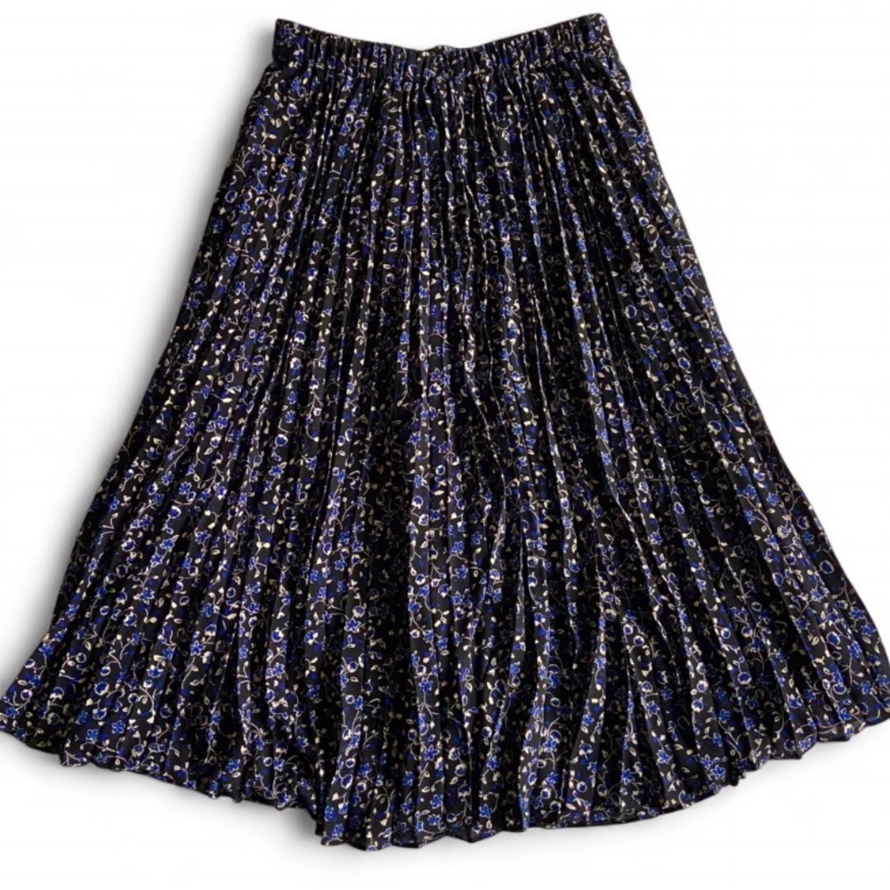 J. Crew Black Pleated Midi Skirt with Blue Floral Print